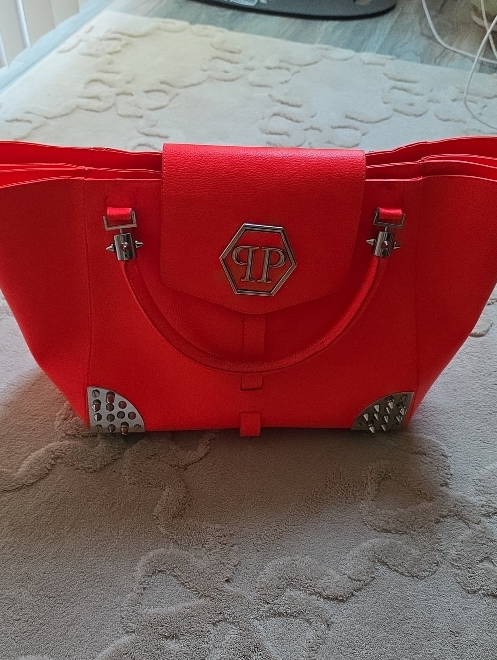 Philipp Plein Red Leather Tote with Hexagonal Logo and Stud Accents